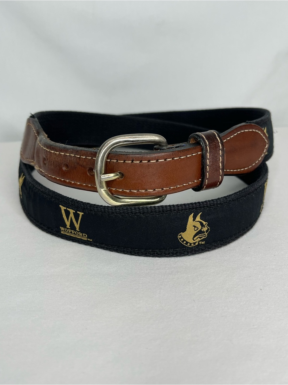 Wofford College Terriers Men's Belt with Leather Ends, Brass Buckle 44